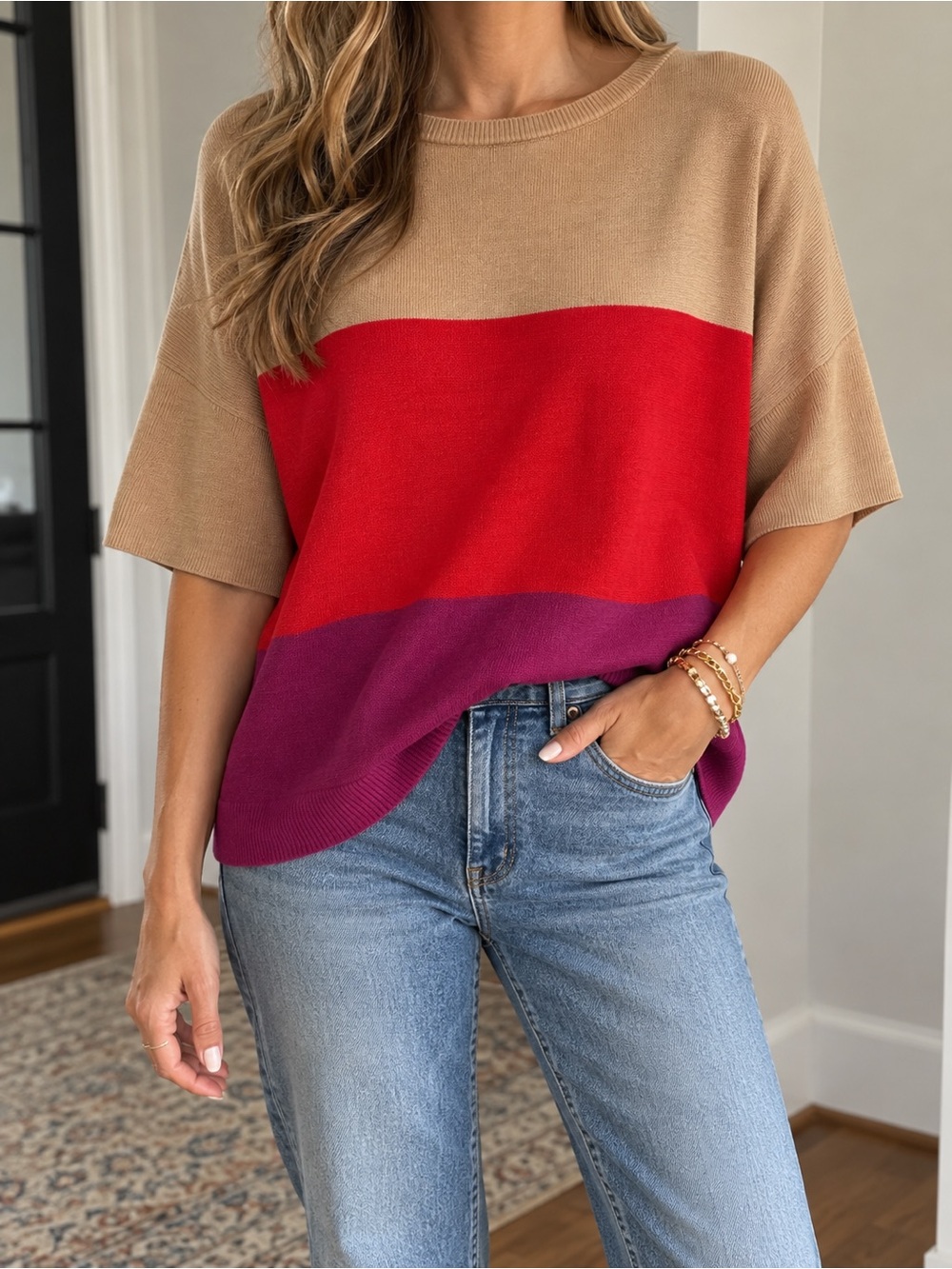 New York & Company Colorblock Knit Sweater Top Medium Red Pink Tan